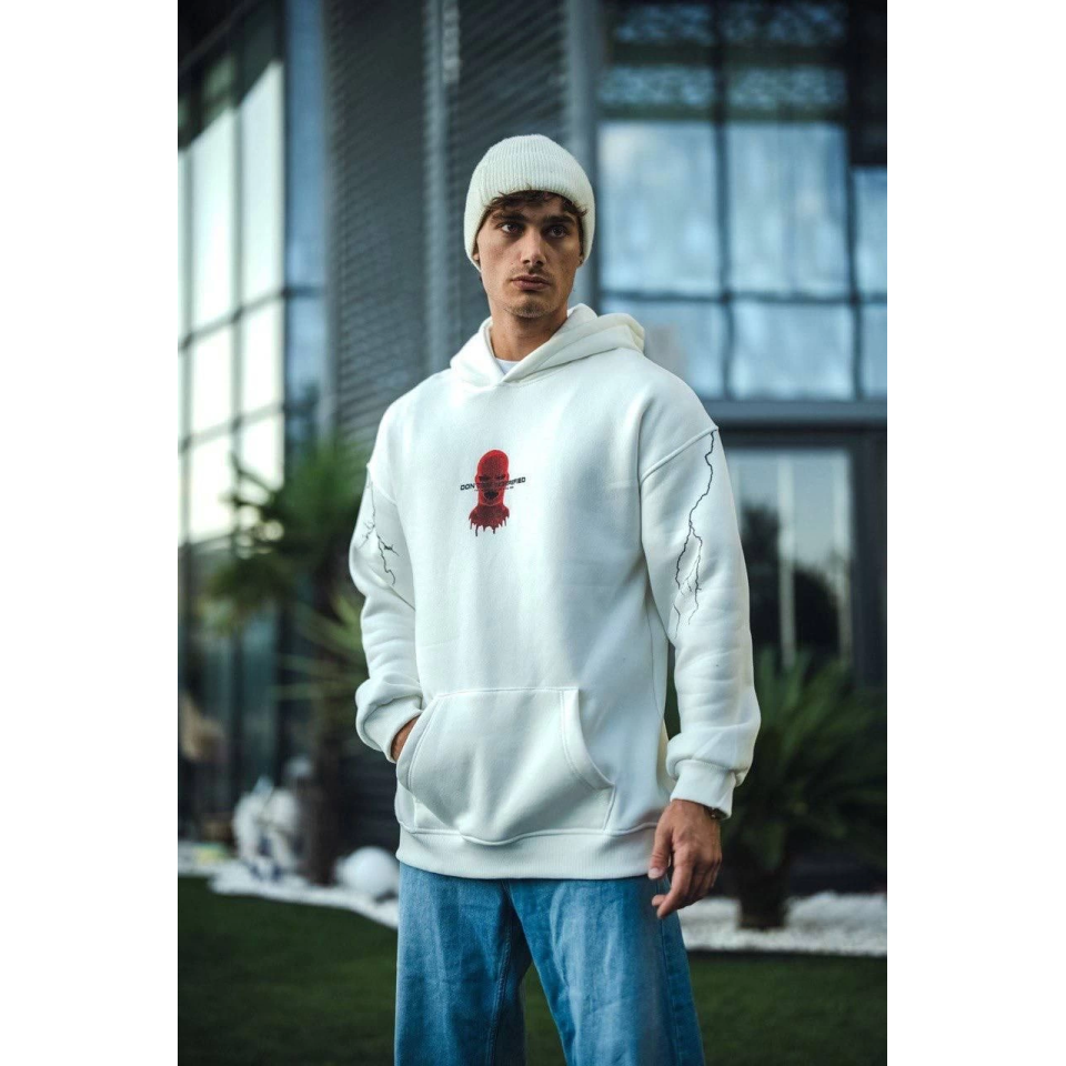 Üç İplik Kapşonlu Baskılı Oversize SweatShirt- Beyaz