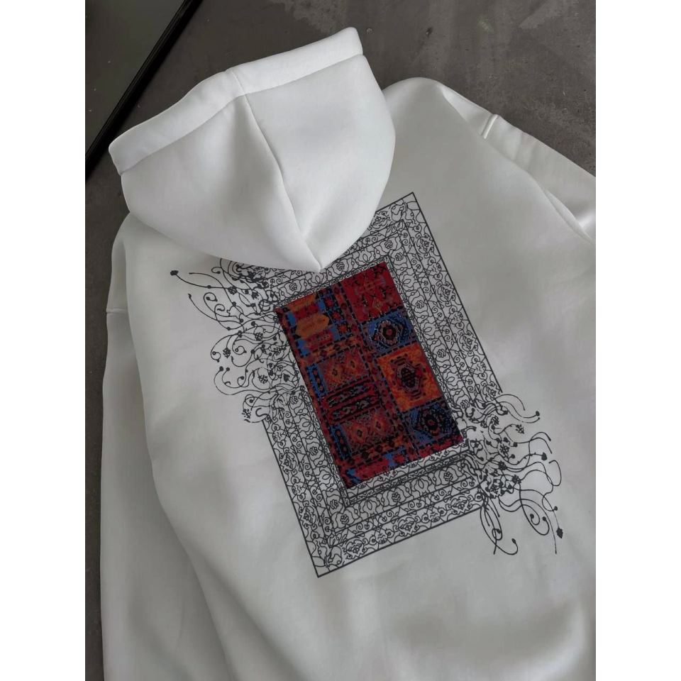 Uzun Kol Kapşonlu Ön Ve Arka Baskılı SweatShirt - Beyaz