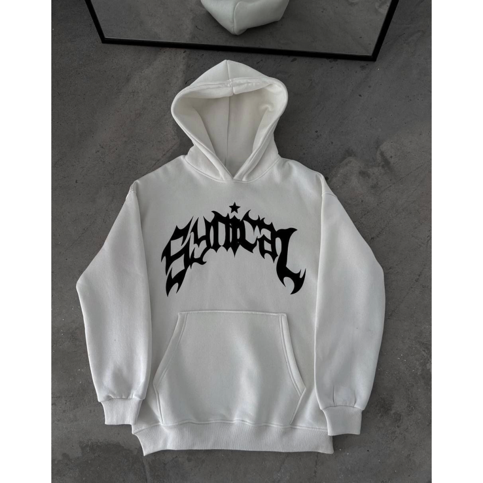 Kışlık Kapşonlu Baskılı Oversize SweatShirt- Beyaz
