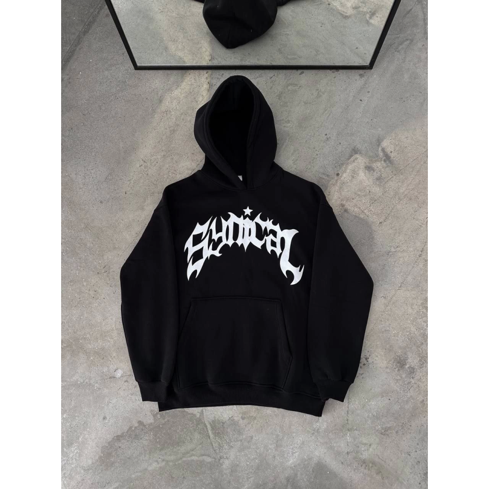 Kışlık Kapşonlu Baskılı Oversize SweatShirt- Siyah