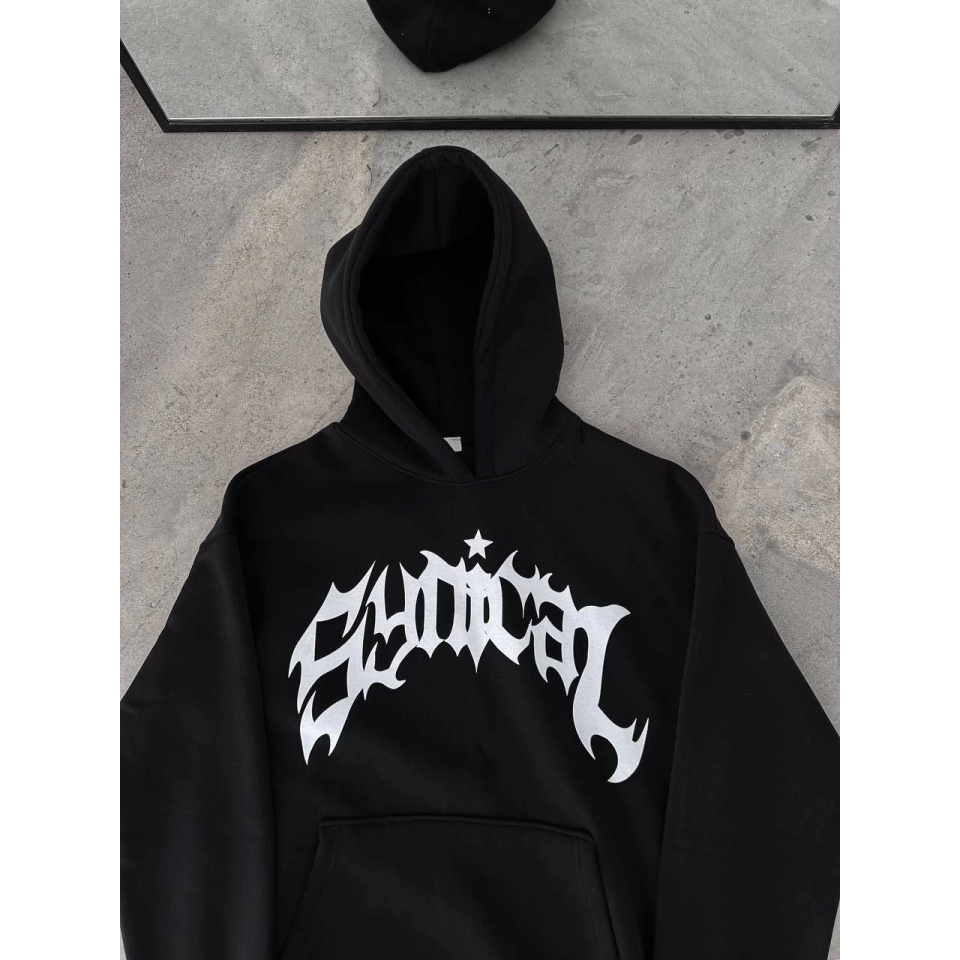 Kışlık Kapşonlu Baskılı Oversize SweatShirt- Siyah