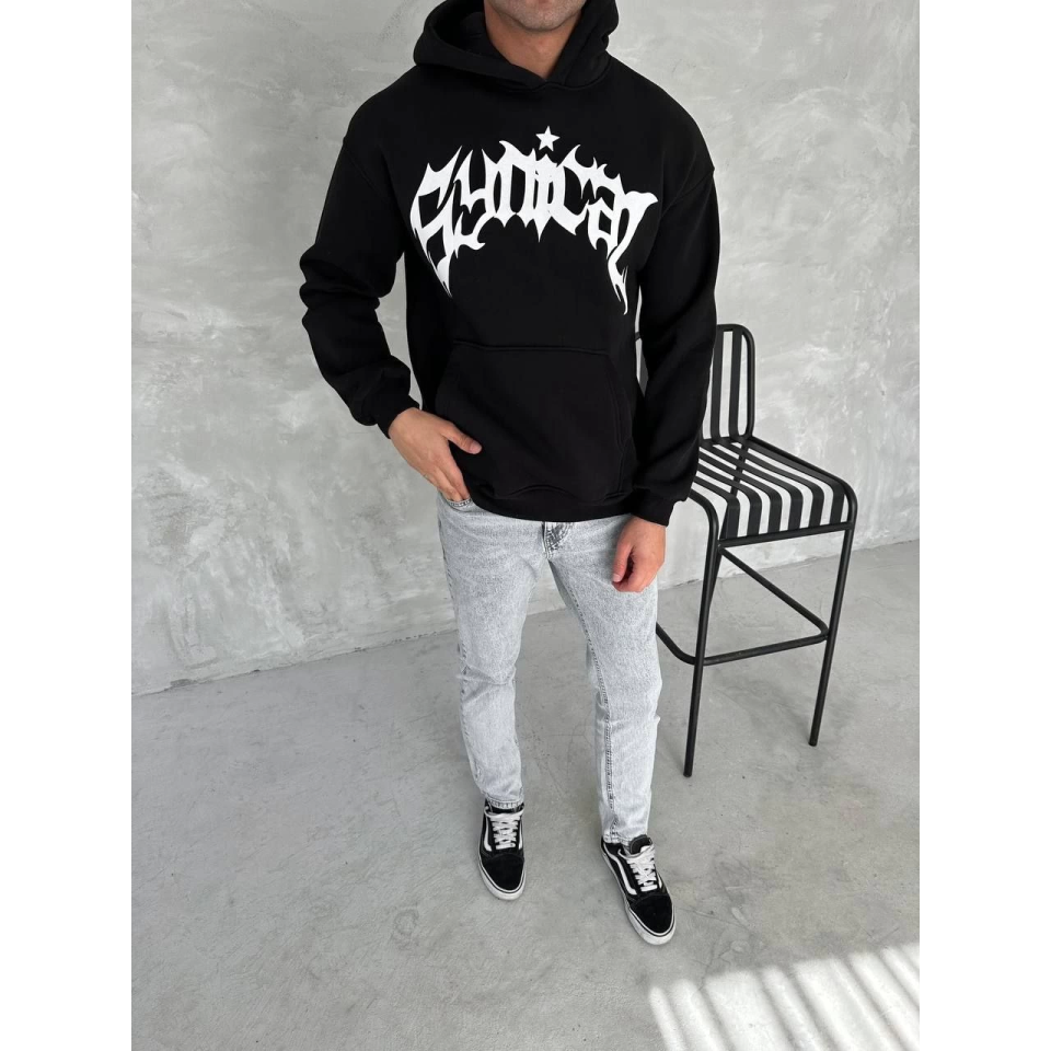 Unisex Üç İplik Kapşonlu Baskılı SweatShirt - Siyah