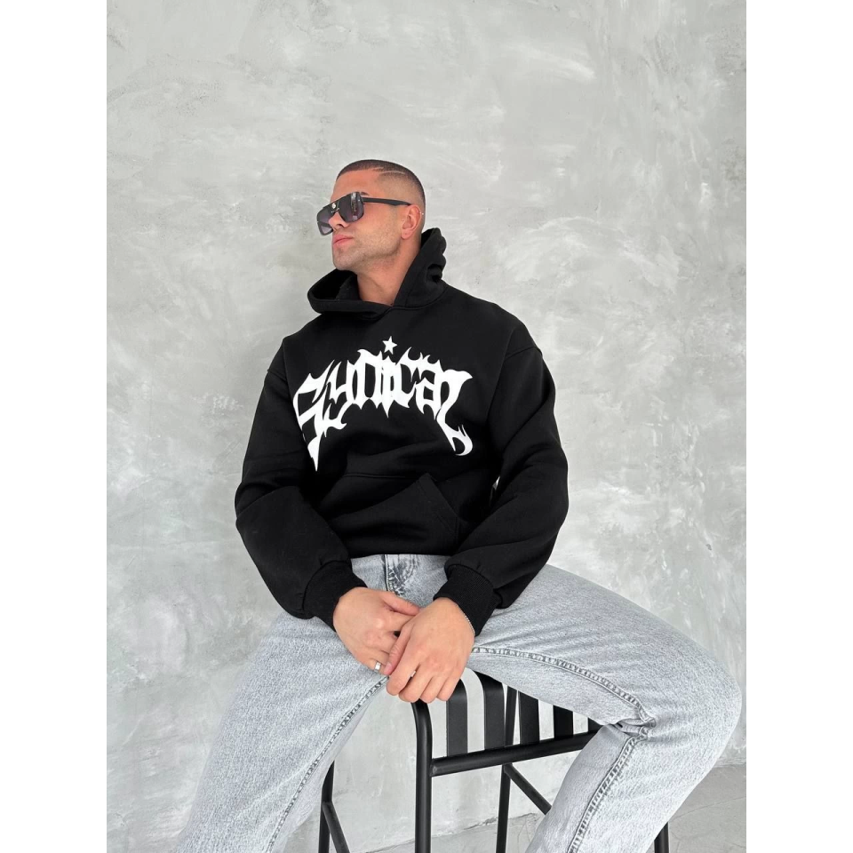 Unisex Üç İplik Kapşonlu Baskılı SweatShirt - Siyah