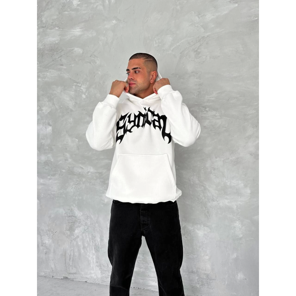 Unisex Üç İplik Kapşonlu Baskılı SweatShirt - Beyaz