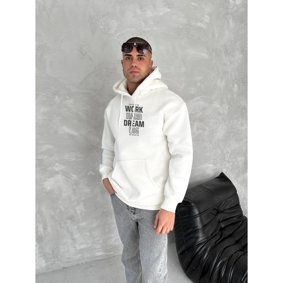 Kışlık Üç İplik Kapşonlu SweatShirt - Beyaz