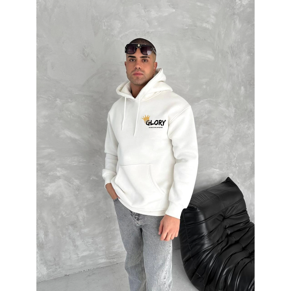 Kışlık Üç İplik Kapşonlu SweatShirt - Beyaz