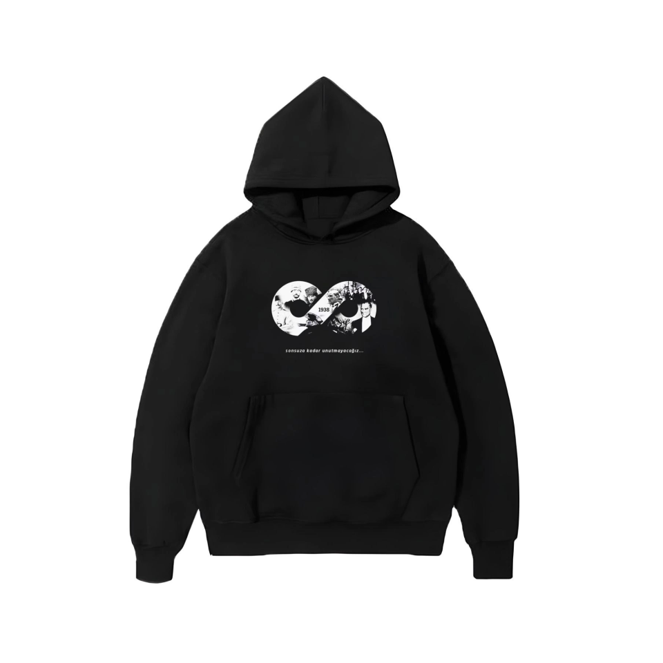 10 Kasıma Özel Üç İplik Kapşonlu Baskılı SweatShirt - Siyah