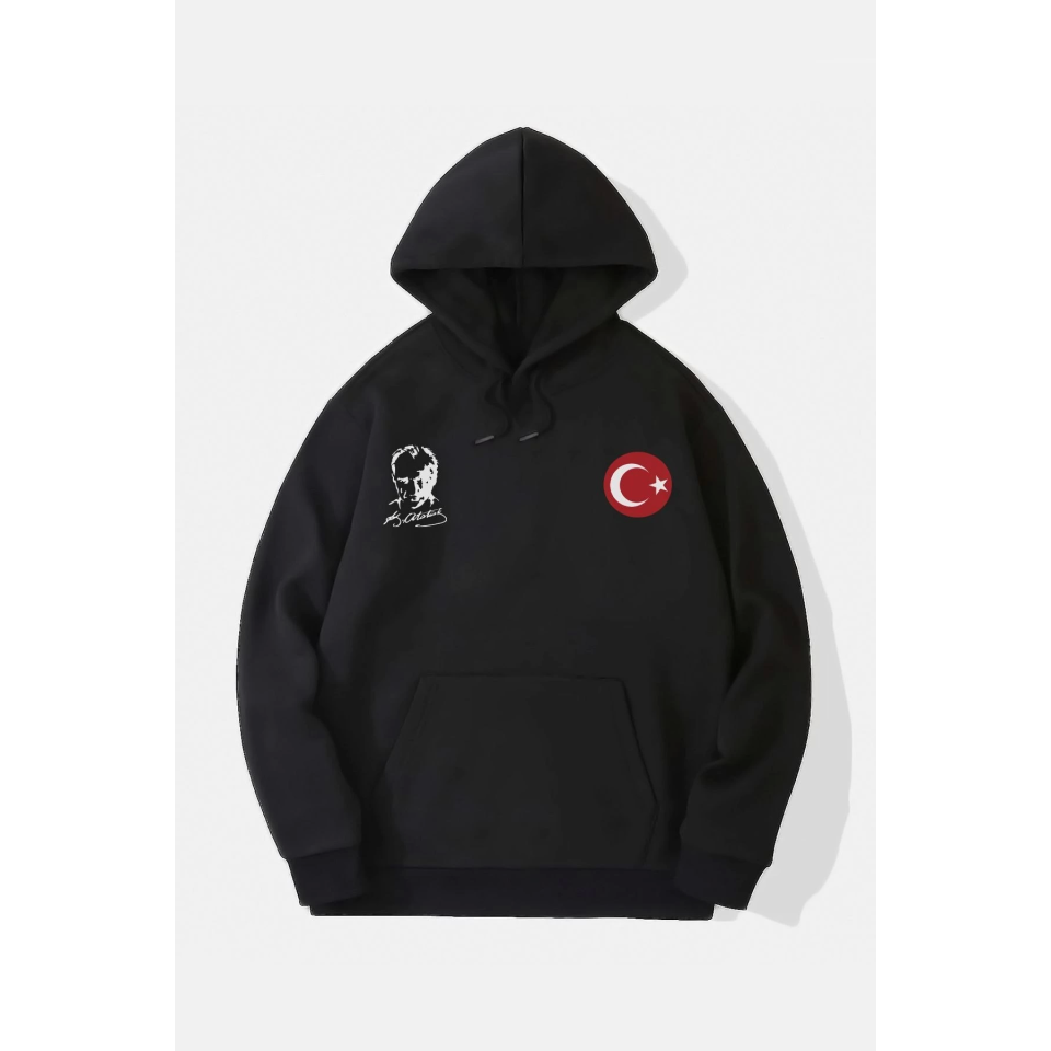 10 Kasıma Özel Üç İplik Kapşonlu Baskılı SweatShirt - Siyah