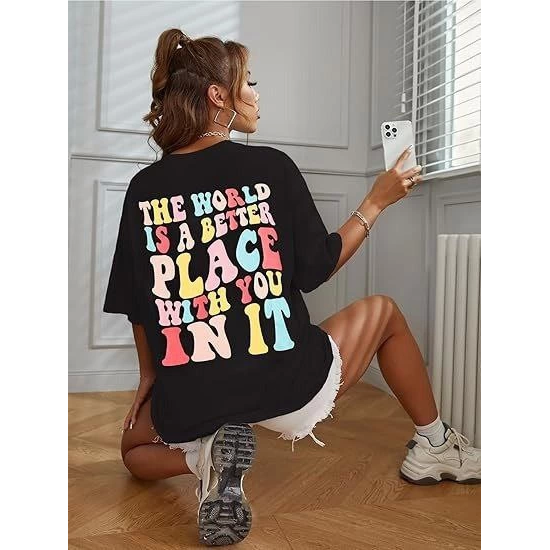 Bisiklet Yaka Baskılı T-shirt - Siyah