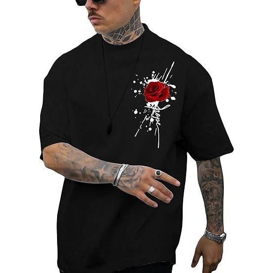 Erkek Bisiklet Yaka Kısa Kol Baskılı T-shirt - Siyah