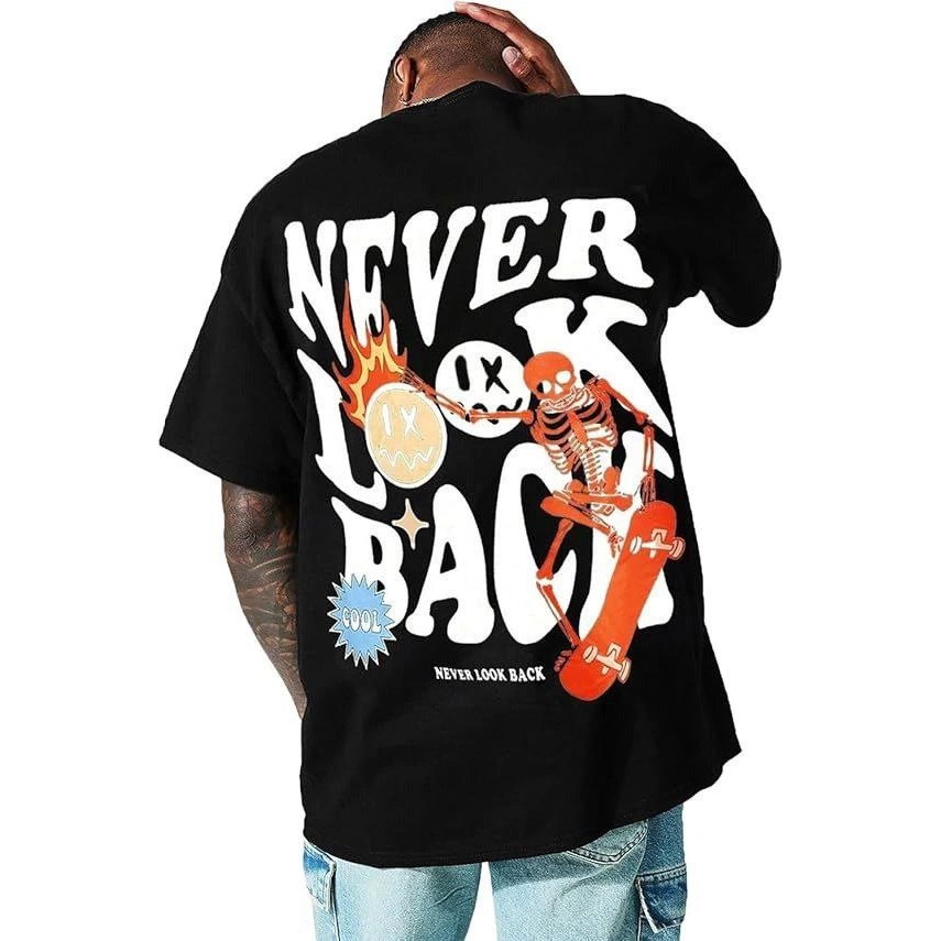 Erkek Bisiklet Yaka Kısa Kol Baskılı T-shirt - Siyah