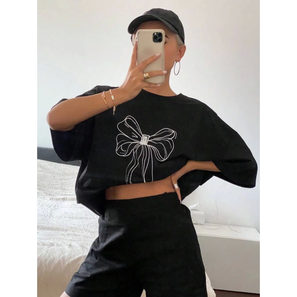 Baskılı Oversize T-shirt - Siyah