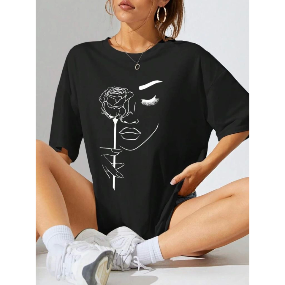 Baskılı Oversize T-shirt - Siyah