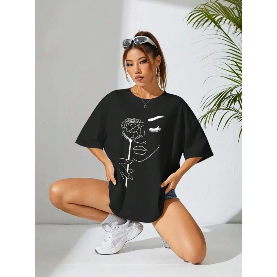 Baskılı Oversize T-shirt - Siyah