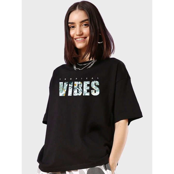 Baskılı Oversize T-shirt - Siyah