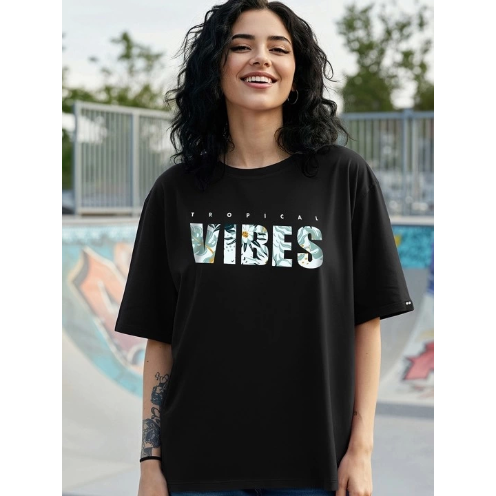 Baskılı Oversize T-shirt - Siyah