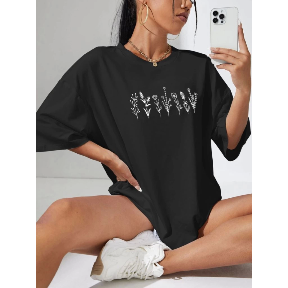 Baskılı Oversize T-shirt - Siyah