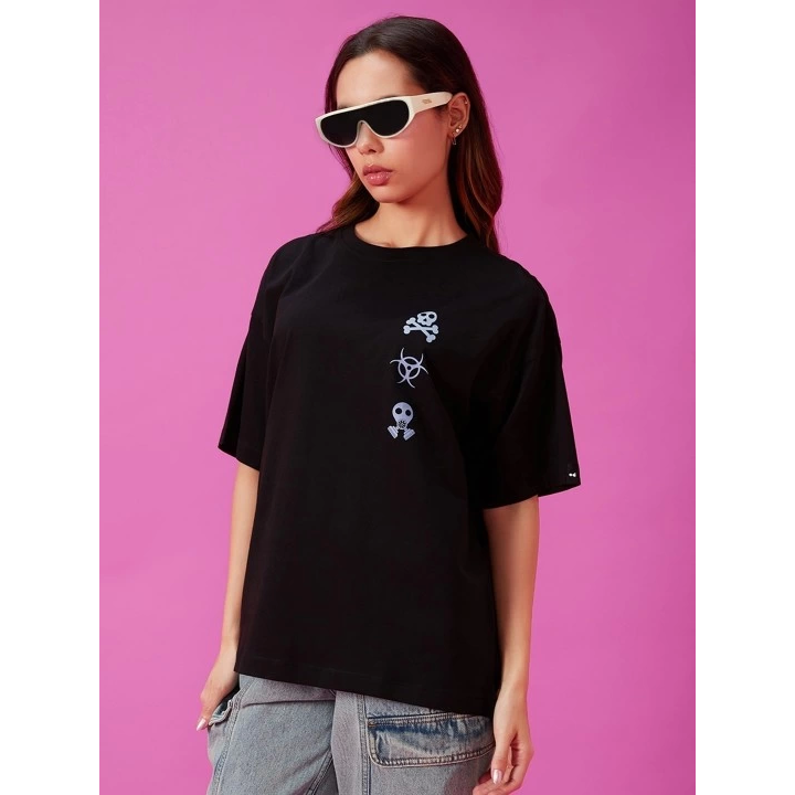 Baskılı Oversize T-shirt - Siyah