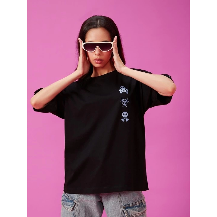 Baskılı Oversize T-shirt - Siyah
