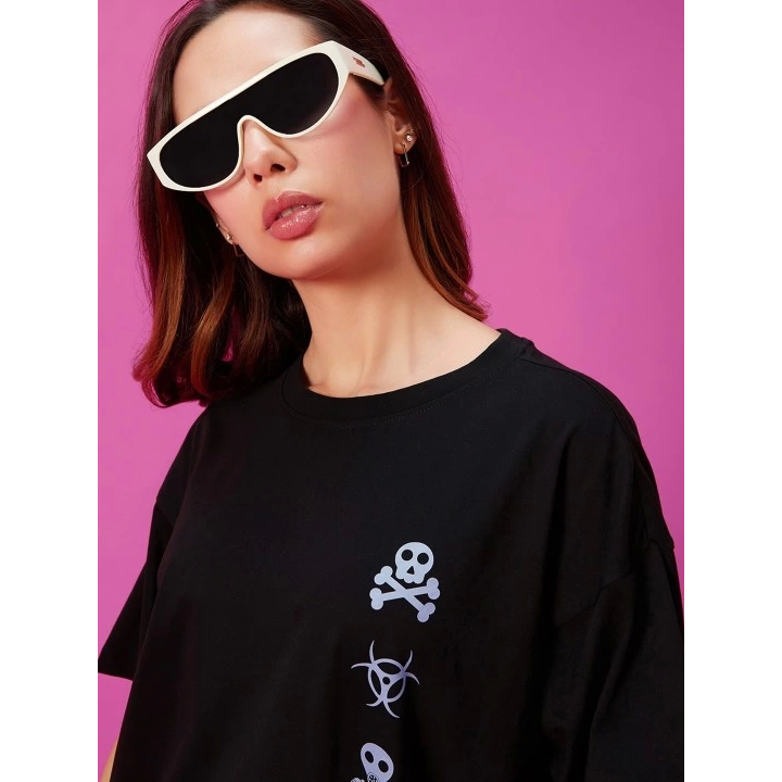 Baskılı Oversize T-shirt - Siyah