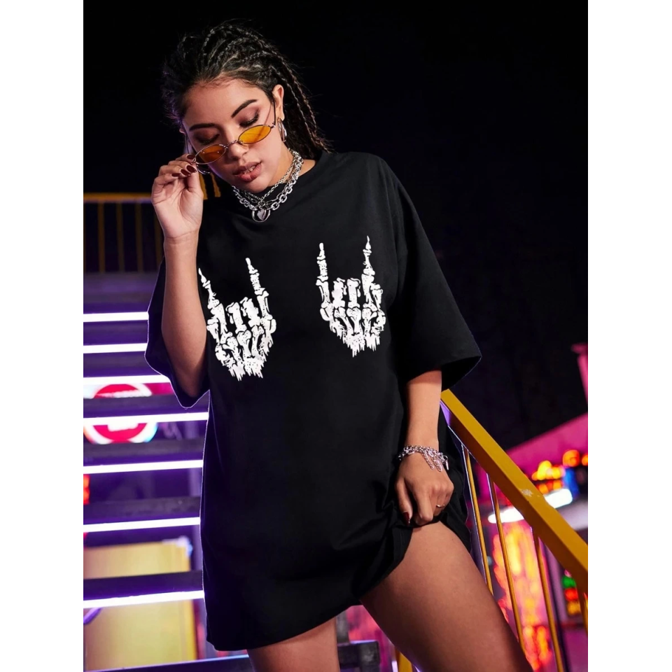 Baskılı Oversize T-shirt - Siyah