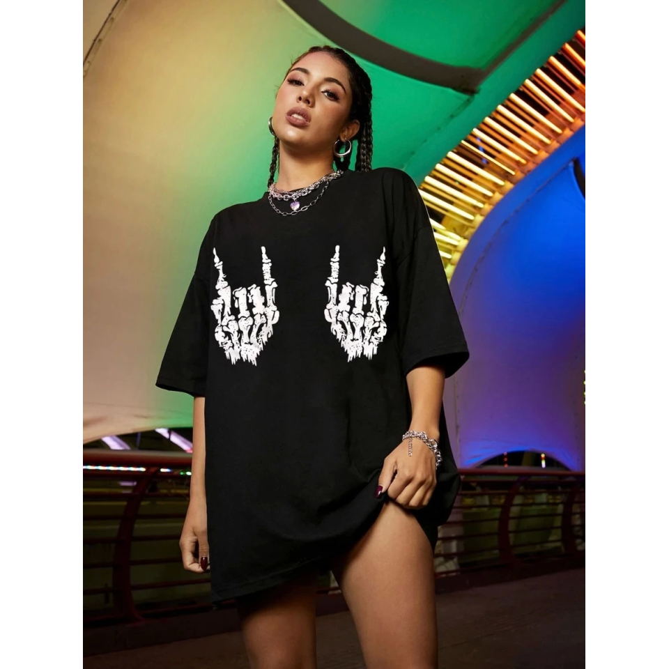 Baskılı Oversize T-shirt - Siyah