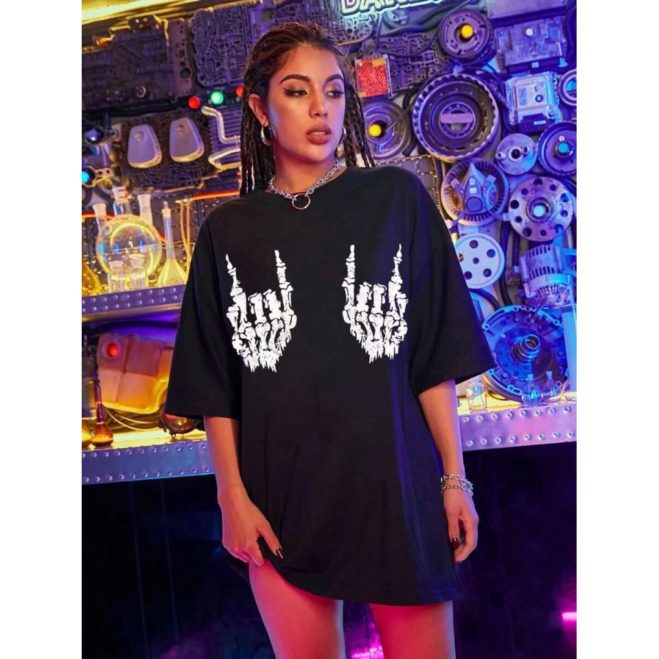 Baskılı Oversize T-shirt - Siyah
