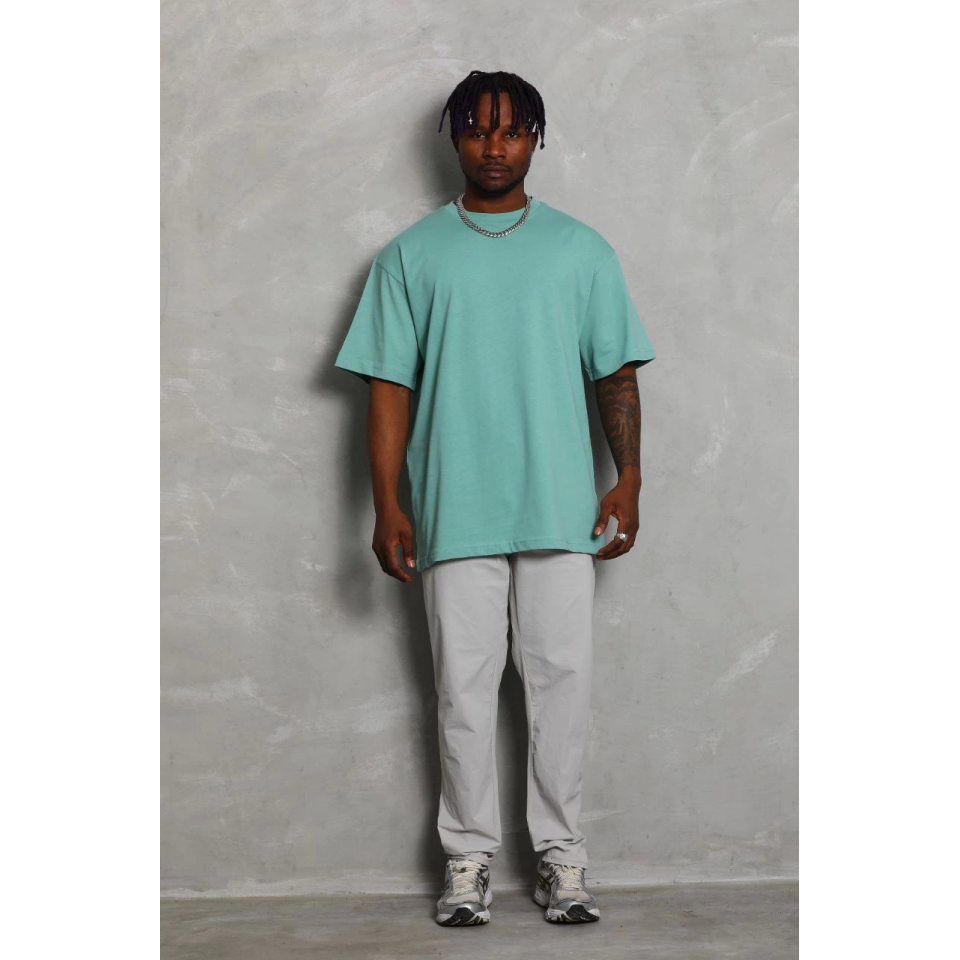 Unisex Oversize Düz Bisiklet Yaka T-Shirt - Mint Yeşili