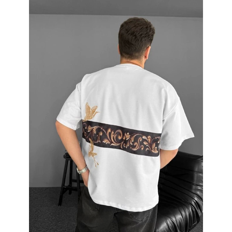 Ön Ve Arka Baskılı Oversize Bisiklet Yaka T-shirt - Beyaz