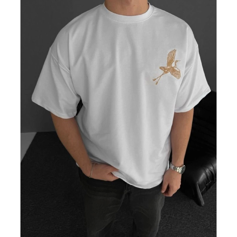 Ön Ve Arka Baskılı Oversize Bisiklet Yaka T-shirt - Beyaz