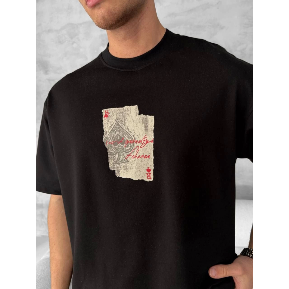 Ön Ve Arka Baskılı Oversize Bisiklet Yaka T-shirt - Siyah