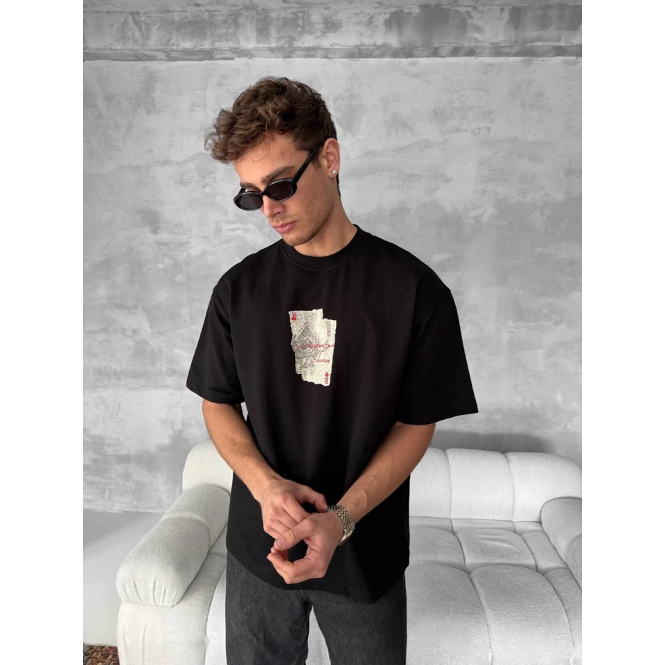 Ön Ve Arka Baskılı Oversize Bisiklet Yaka T-shirt - Siyah