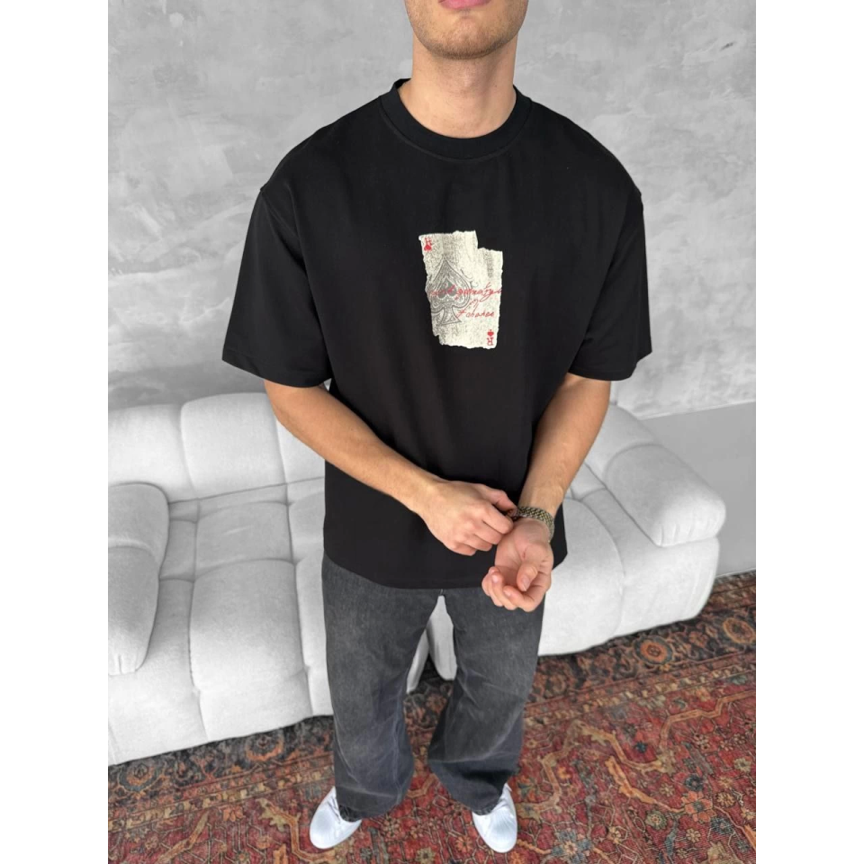 Ön Ve Arka Baskılı Oversize Bisiklet Yaka T-shirt - Siyah
