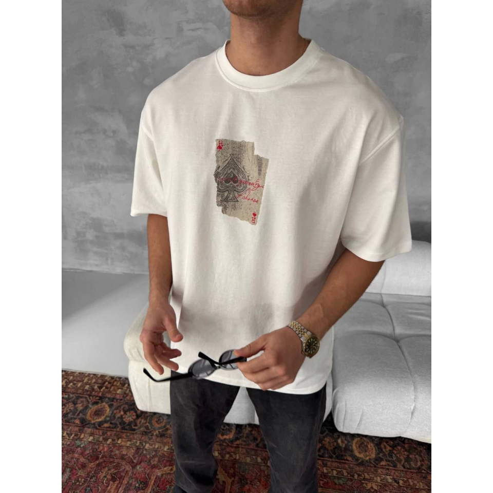 Erkek Ön Ve Arka Baskılı Oversize Bisiklet Yaka T-shirt - Beyaz