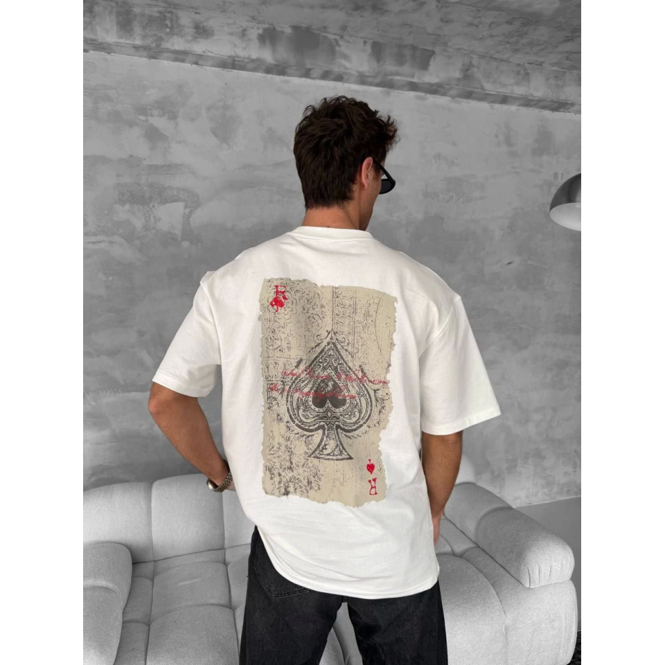 Erkek Ön Ve Arka Baskılı Oversize Bisiklet Yaka T-shirt - Beyaz