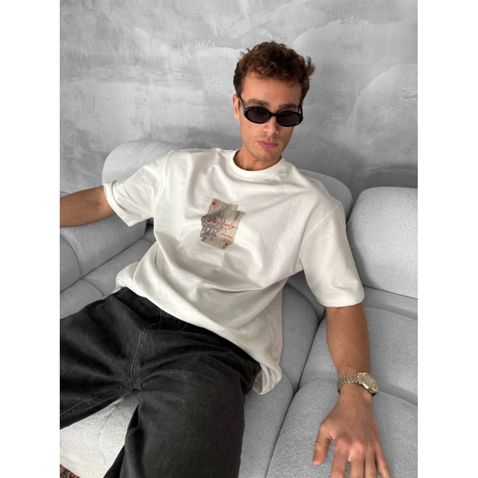 Erkek Ön Ve Arka Baskılı Oversize Bisiklet Yaka T-shirt - Beyaz