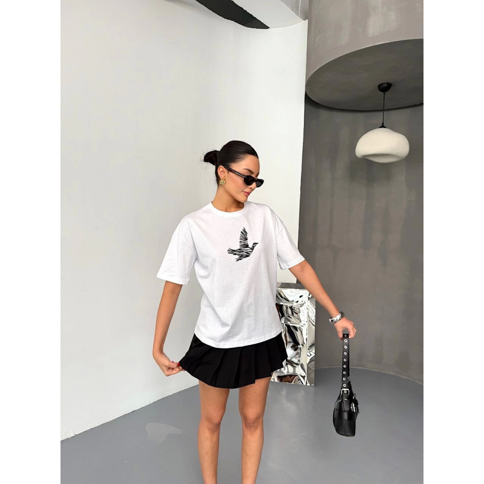 Kısa Kol Baskılı T-shirt - Beyaz
