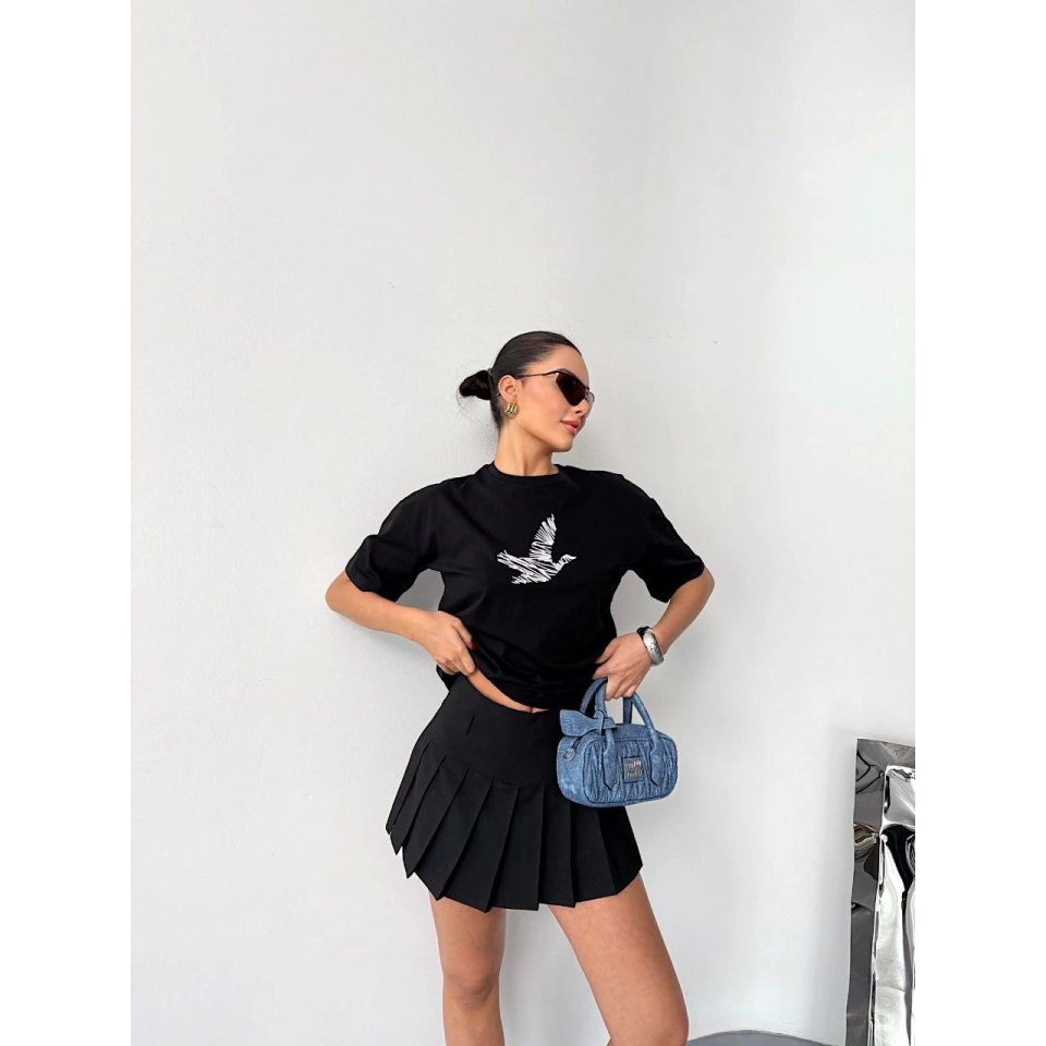 Kısa Kol Baskılı T-shirt - Siyah