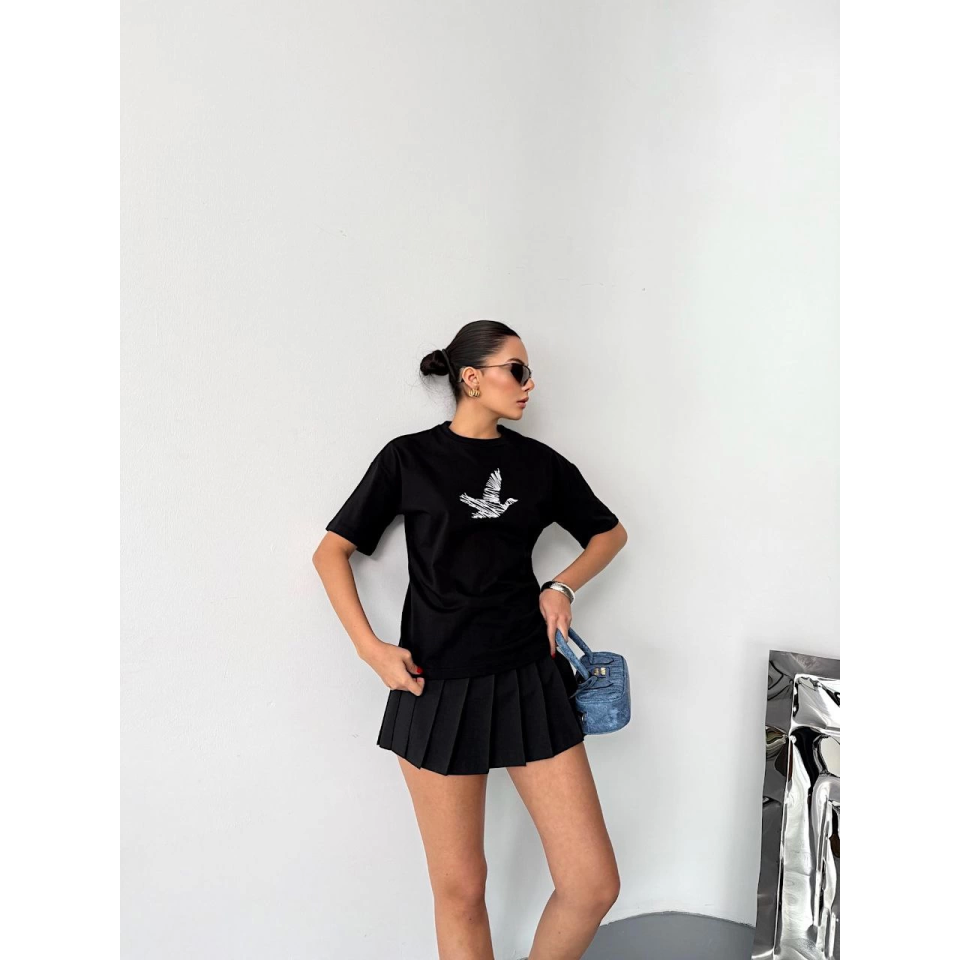 Kısa Kol Baskılı T-shirt - Siyah
