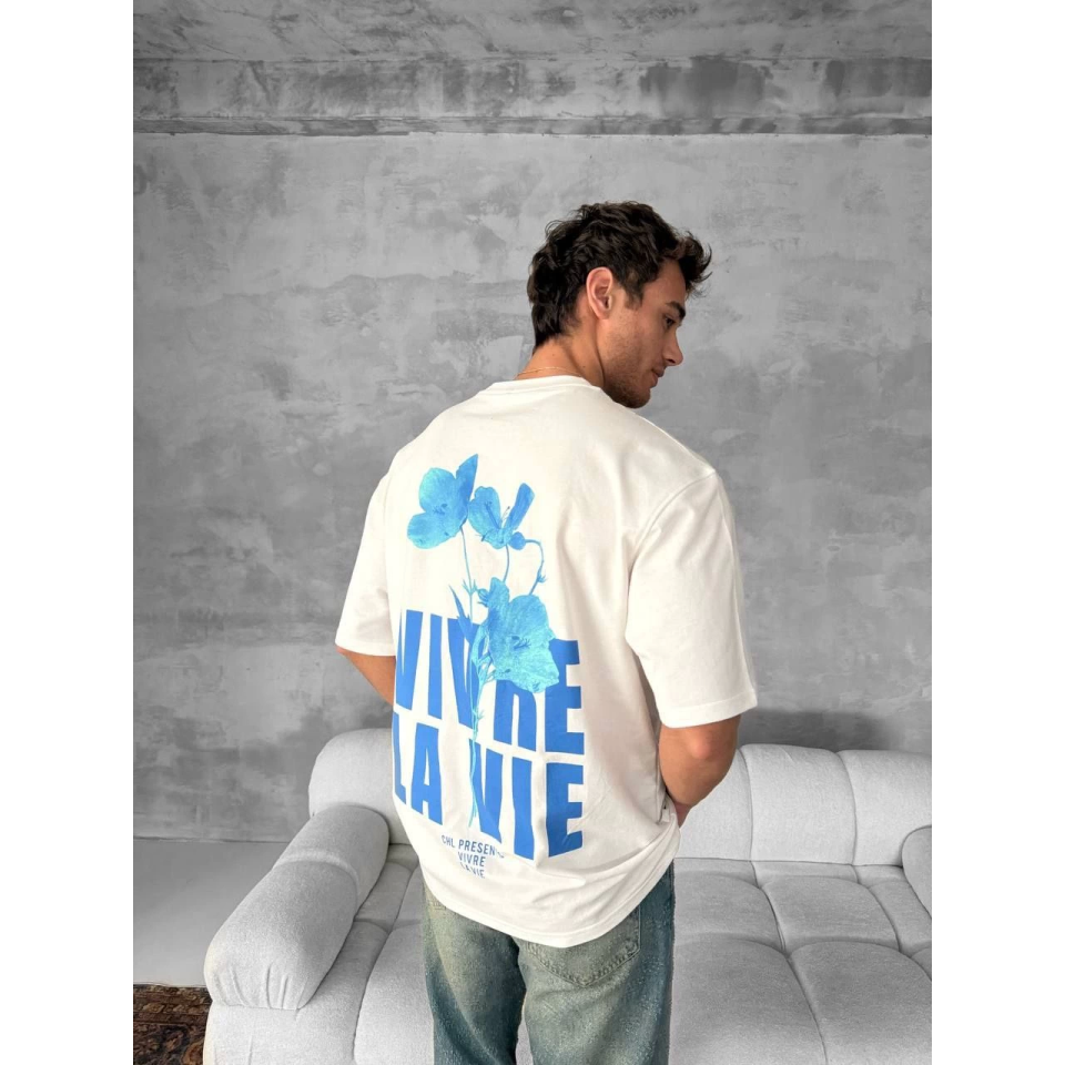 Ön Ve Arka Baskılı Oversize Bisiklet Yaka T-shirt- Beyaz