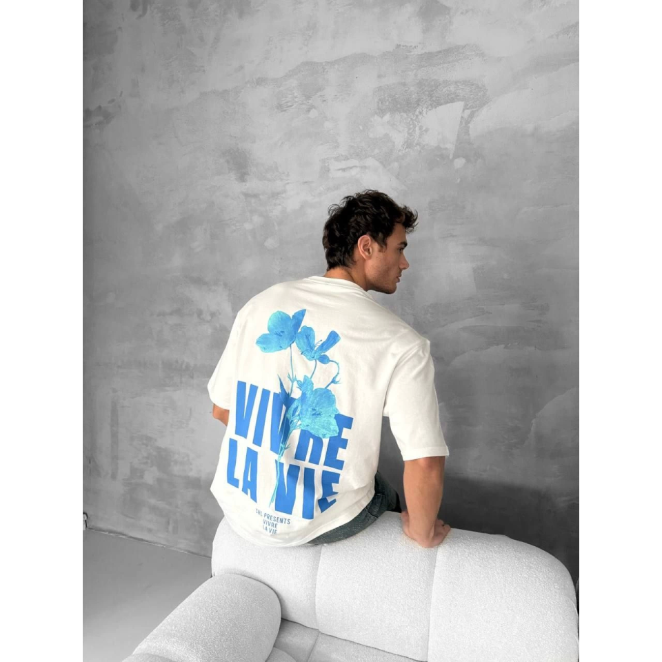 Ön Ve Arka Baskılı Oversize Bisiklet Yaka T-shirt- Beyaz