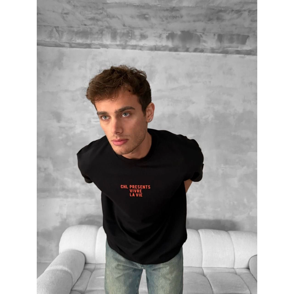 Ön Ve Arka Baskılı Oversize Bisiklet Yaka T-shirt- Siyah