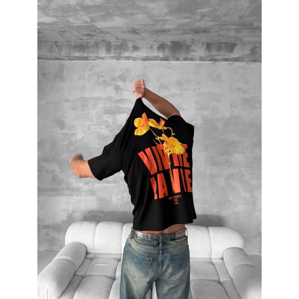 Ön Ve Arka Baskılı Oversize Bisiklet Yaka T-shirt- Siyah