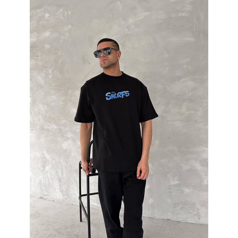 Ön Ve Arka Baskılı Oversize Bisiklet Yaka T-shirt- Siyah