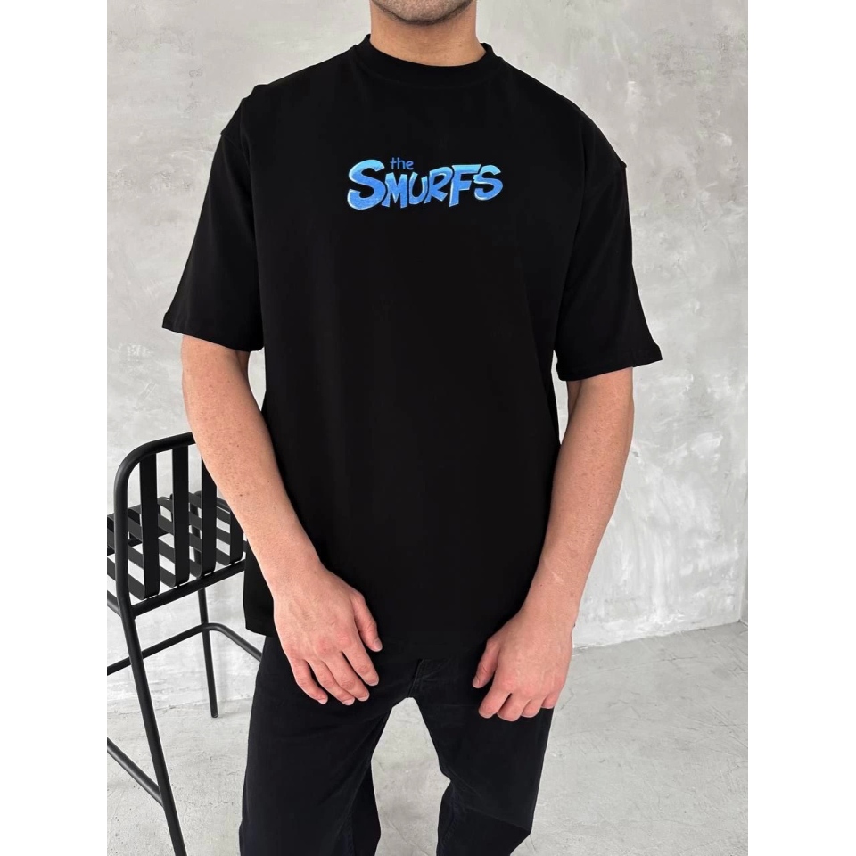 Ön Ve Arka Baskılı Oversize Bisiklet Yaka T-shirt- Siyah