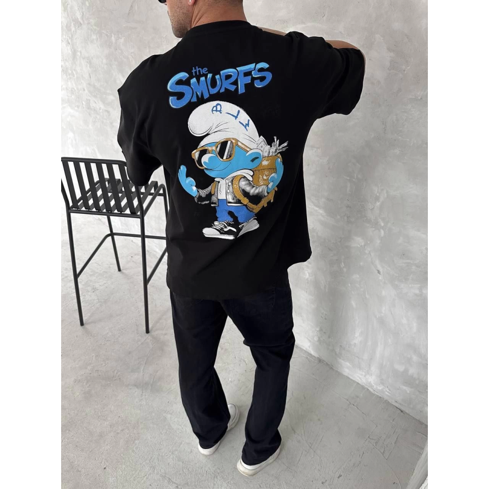 Ön Ve Arka Baskılı Oversize Bisiklet Yaka T-shirt- Siyah