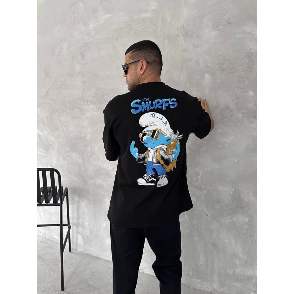 Ön Ve Arka Baskılı Oversize Bisiklet Yaka T-shirt- Siyah