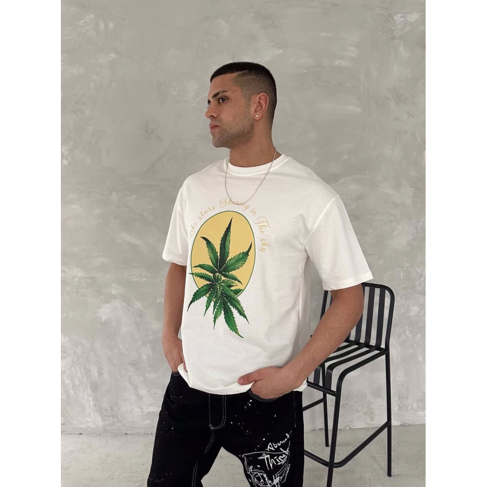 Ön Ve Arka Baskılı Oversize Bisiklet Yaka T-shirt- Beyaz