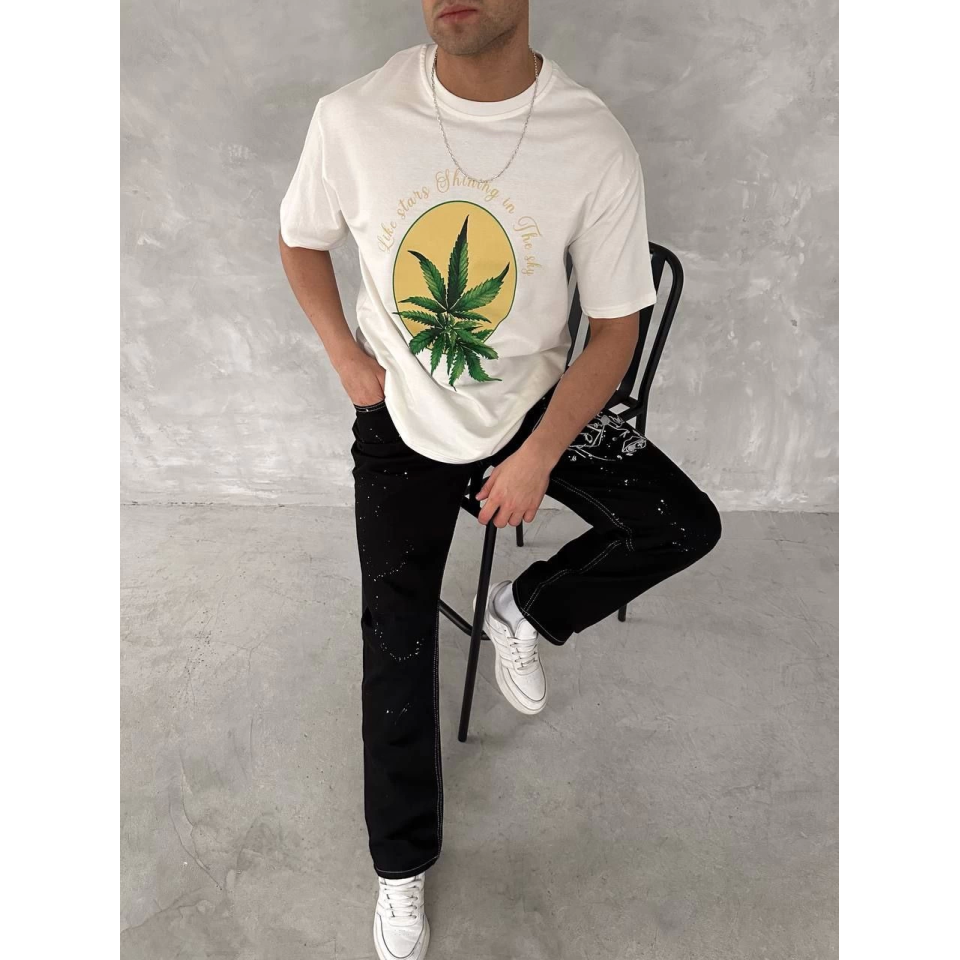 Ön Ve Arka Baskılı Oversize Bisiklet Yaka T-shirt- Beyaz