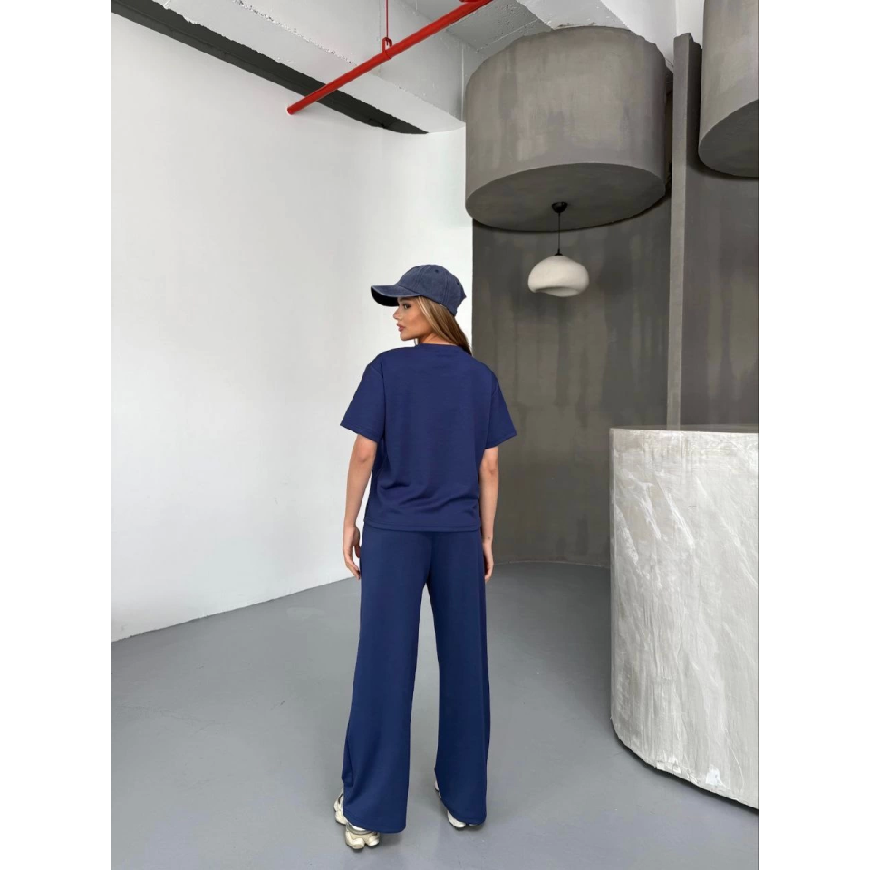 Osy Modal Yumuşak Dokulu Kumaş Kısa Kollu Bluz Rahat Pantalon Ikili Takım- Lacivert